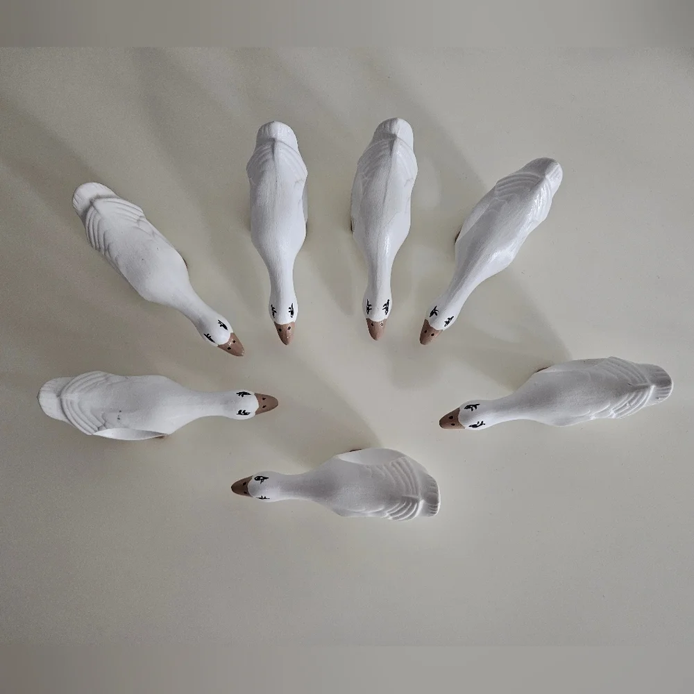 White Hand Painted Ceramic Goose Napkin Rings x 7